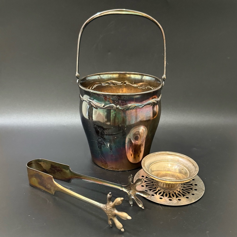 Vintage WMF Silver-plate Ice Bucket with Strainer Insert & Bird Claw Foot Tongs
